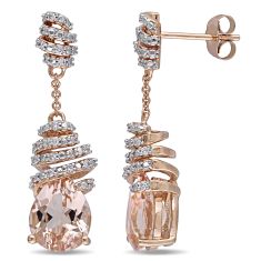 Pear-Shapred Morganite and 1/5ctw Diamond Swirl Rose Gold Drop Earrings