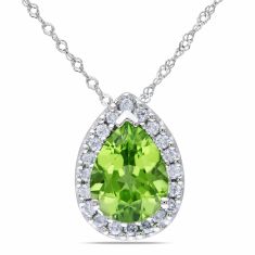 Pear Peridot and 1/5ctw Diamond Halo White Gold Pendant Necklace