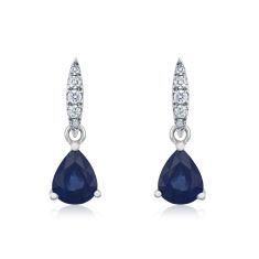 Pear Blue Sapphire and 1/20ctw Diamond White Gold Drop Earrings