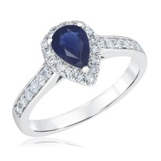 Pear Blue Sapphire and 1/3ctw Diamond Halo White Gold Ring
