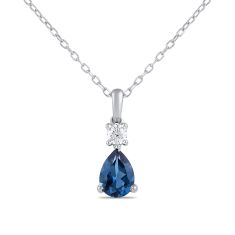 Pear Blue Sapphire and 1/8ct Lab Grown Diamond White Gold Pendant Necklace