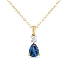 Pear Blue Sapphire and 1/8ct Lab Grown Diamond Yellow Gold Pendant Necklace