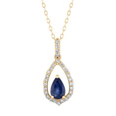 Pear Blue Sapphire and 1/8ctw Diamond Frame Yellow Gold Pendant Necklace