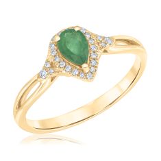 Pear Emerald and 1/10ctw Diamond Halo Yellow Gold Ring