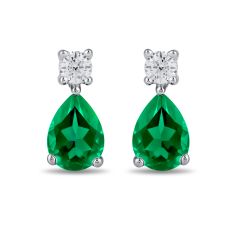 Pear Emerald and 1/4ctw Lab Grown Diamond White Gold Earrings