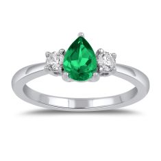 Pear Emerald and 1/4ctw Lab Grown Diamond White Gold Ring