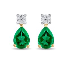 Pear Emerald and 1/4ctw Lab Grown Diamond Yellow Gold Earrings