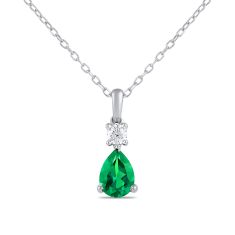 Pear Emerald and 1/8ct Lab Grown Diamond White Gold Pendant Necklace