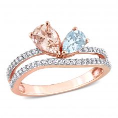 Pear Morganite, Aquamarine, and 1/4ctw Diamond Rose Gold Double Row Ring