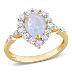 Pear Opal, Created White Sapphire, and Diamond Accent Halo Yellow Gold Ring