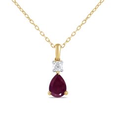 Pear Ruby and 1/8ct Lab Grown Diamond Yellow Gold Pendant Necklace