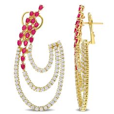 Pear Ruby and 3 1/4ctw Diamond Yellow Gold Earrings