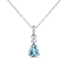 Pear Swiss Blue Topaz and 1/8ct Lab Grown Diamond White Gold Pendant Necklace