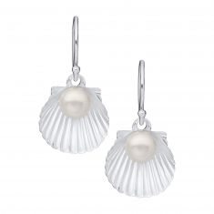 Pearl Scalloped Sea Shell Sterling Silver Drop Earrings