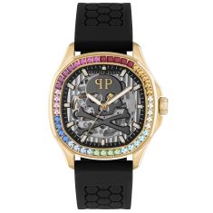 Philipp Plein Skeleton Spectre Automatic Rainbow Crystal Bezel and Black Silicone Strap Watch | 42mm | PWRAA0523