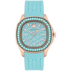 Philipp Plein Spectre Lady Crystal Bezel and Turquoise Silicone Strap Watch | 38mm x 45mm | PWTAA0323