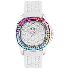 Philipp Plein Spectre Lady Rainbow Crystal Bezel and White Silicone Strap Watch | 38mm x 45mm | PWTAA0223