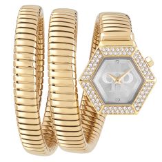 Philipp Plein Snake Hexagon Crystal Accent and Ion-Plated Yellow Gold Bracelet Watch | 24mm | PWZAA0423