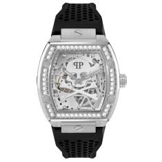 Philipp Plein The Skeleton Crystal Accent and Black Silicone Strap Watch | 44mm | PWBAA1323