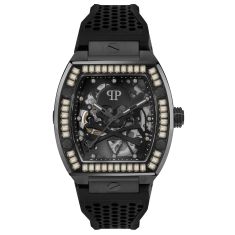 Philipp Plein The Skeleton Crystal Accent and Black Silicone Strap Watch | 44mm | PWBAA1923