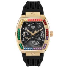 Philipp Plein The Skeleton Rainbow Crystal Accent and Black Silicone Strap Watch | 44mm | PWBAA1623