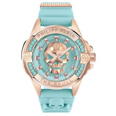 Philipp Plein The Skull Crystal Accent and Turquoise Silicone Strap Watch | 41mm | PWNAA1223