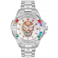 Philipp Plein The Skull Rainbow Crystal Accents and Stainless Steel Bracelet Watch | 41mm | PWNAA0422