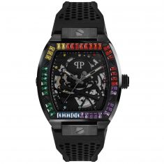 Philipp Plein The Skeleton Rainbow Crystal Accent and Black Silicone Strap Watch | 44mm | PWBAA0621