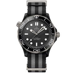 Previously Owned OMEGA Seamaster Diver 300M Co-Axial Master Chronometer Black Dial and Striped NATO Strap Watch | 43.5mm | O21092442001002