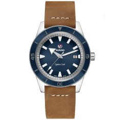 Previously Owned Rado Captain Cook Automatic Blue Dial Leather and Stainless Steel Watch Set 42mm - R32505208