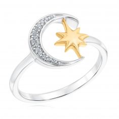 Radiant Universe Celestial Diamond Moon Star Two-Tone Ring 1/20ctw