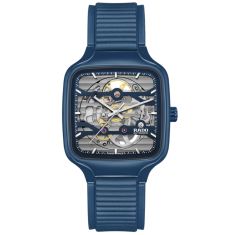 Rado True Square Automatic Skeleton Silver Dial Navy Blue Rubber Strap Watch 38mm - R27178205