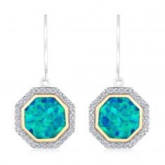 Octagon Created Opal and Created White Sapphire Two-Tone Leverback Earrings