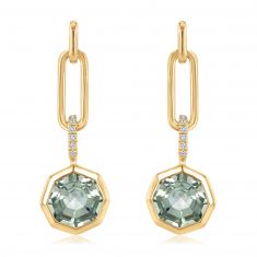 Octagon Green Quartz and Diamond Accent Yellow Gold Drop Earrings, Limited Edition