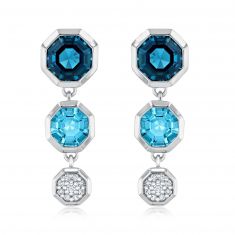 Octagon London Blue Topaz, Swiss Blue Topaz, and 1/15ctw Diamond Sterling Silver Earrings