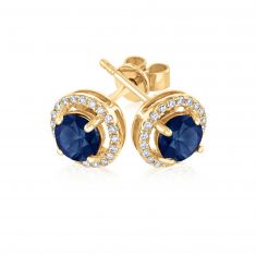 Round Blue Sapphire and Diamond Halo Yellow Gold Earrings | Watercolor