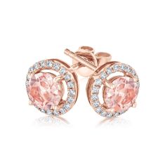 Round Morganite and Diamond Halo Rose Gold Earrings - Watercolor Collection