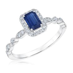 Emerald-Cut Blue Sapphire and 1/4ctw Diamond White Gold Ring | Watercolor