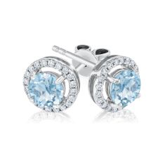 Round Aquamarine and Diamond Halo White Gold Earrings - Watercolor Collection