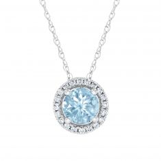 Round Aquamarine and Diamond Halo White Gold Pendant Necklace - Watercolor Collection