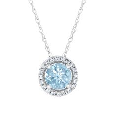 Round Aquamarine and Diamond Halo White Gold Pendant Necklace - Watercolor Collection