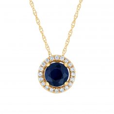 Round Blue Sapphire and Diamond Halo Yellow Gold Pendant Necklace - Watercolor Collection