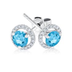 Round Blue Topaz and Diamond Halo White Gold Earrings - Watercolor Collection