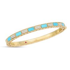 Roberto Coin 3/8ctw Mosaic Alternating Diamond and Turquoise Yellow Gold Bangle Bracelet
