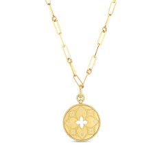 Roberto Coin Venetian Princess 1/10ctw Diamond Satin Medallion with Flower Cutout Yellow Gold Pendant Necklace