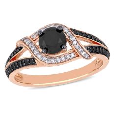 Rose Gold Treated Black Diamond and Diamond Swirl Engagement Ring 1ctw