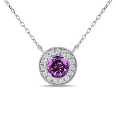 Round Amethyst and 1/5ctw Lab Grown Diamond Halo White Gold Necklace