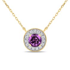 Round Amethyst and 1/5ctw Lab Grown Diamond Halo Yellow Gold Necklace