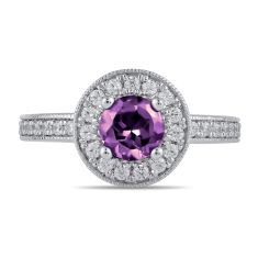 Round Amethyst and 3/8ctw Lab Grown Diamond Halo White Gold Ring