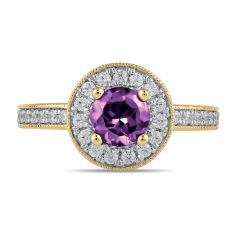 Round Amethyst and 3/8ctw Lab Grown Diamond Halo Yellow Gold Ring